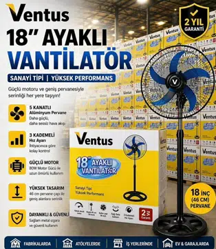 Ventus FS-18 18'' Sanayi Tipi Ayaklı Vantilatör | 80W | 3 Kademeli | Metal Kafesli | Sessiz Çalışma | Salınımlı Fan