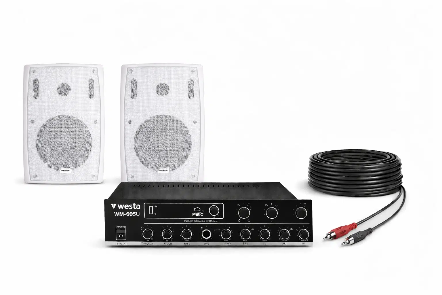 Ten, 2 Hoparlörlü Anfi Ses Sistemi | Mağaza, Cafe ve Restoran, Cami İçin XLarge Paket Beyaz