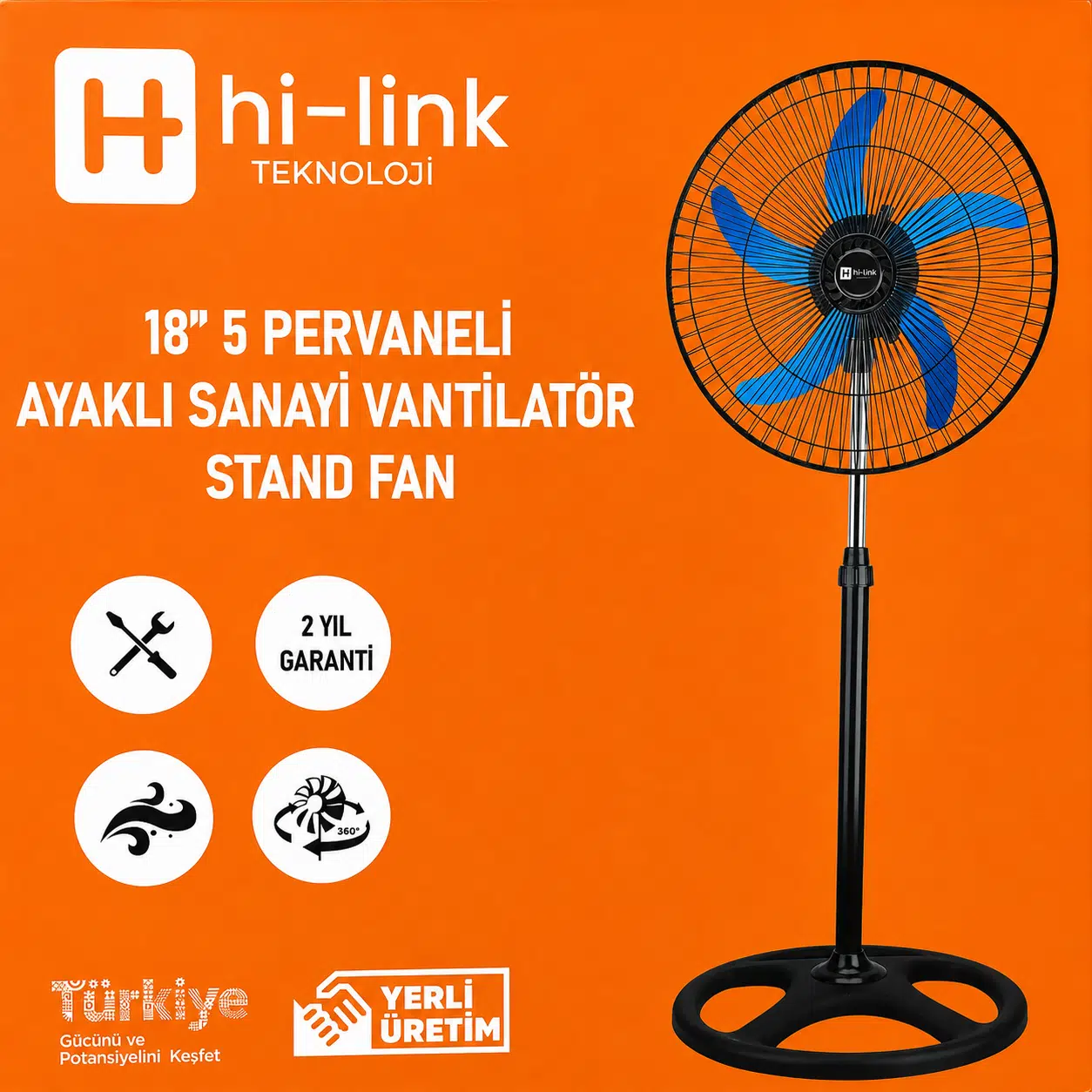 Hi-Link 18 İnç Sanayi Tipi Vantilatör 5 Metal Kanatlı Ayaklı Fan 2 Yıl Garantili