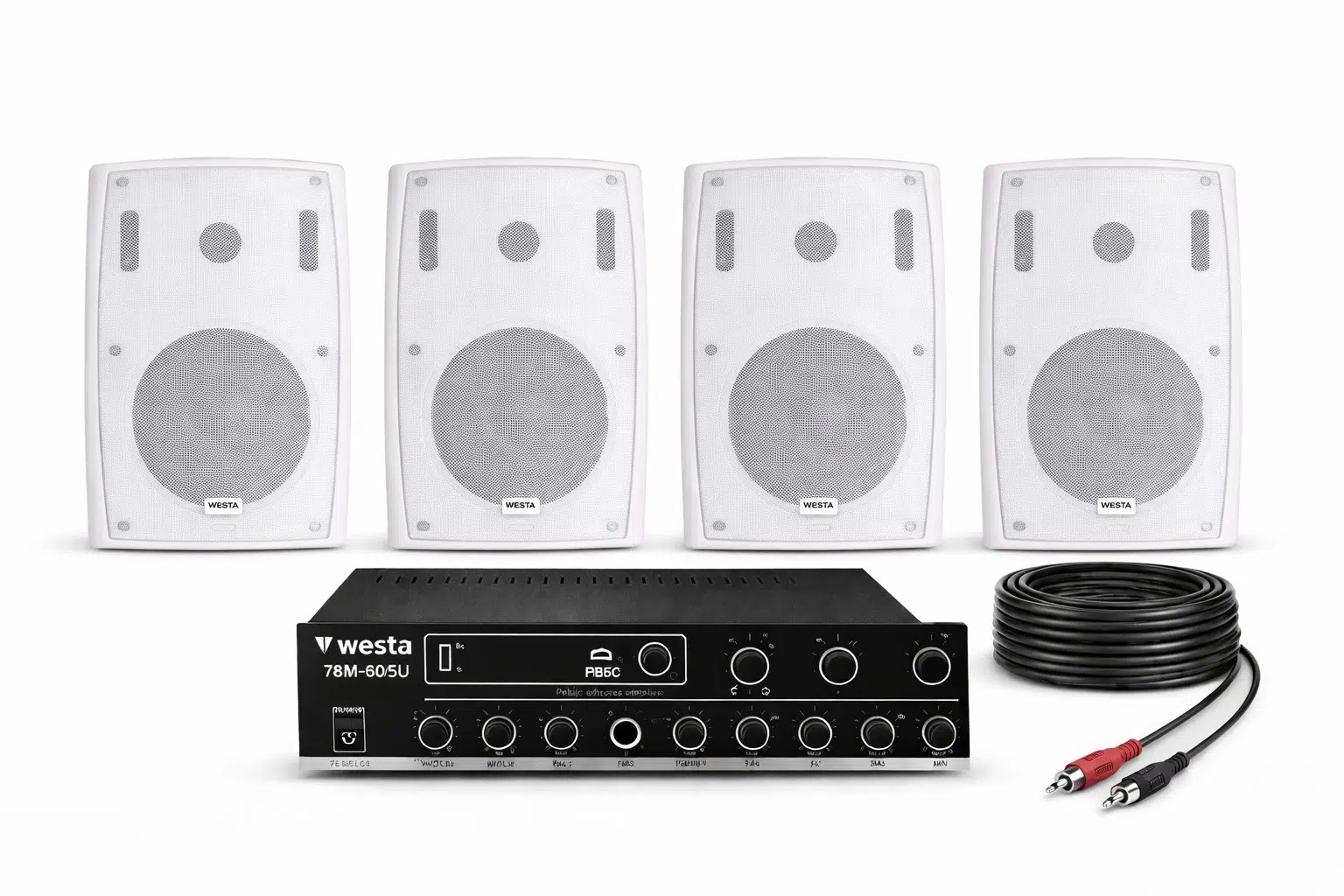 Ten, 4 Hoparlörlü Anfi Ses Sistemi | Mağaza, Cafe ve Restoran, Cami İçin XLarge Paket Beyaz