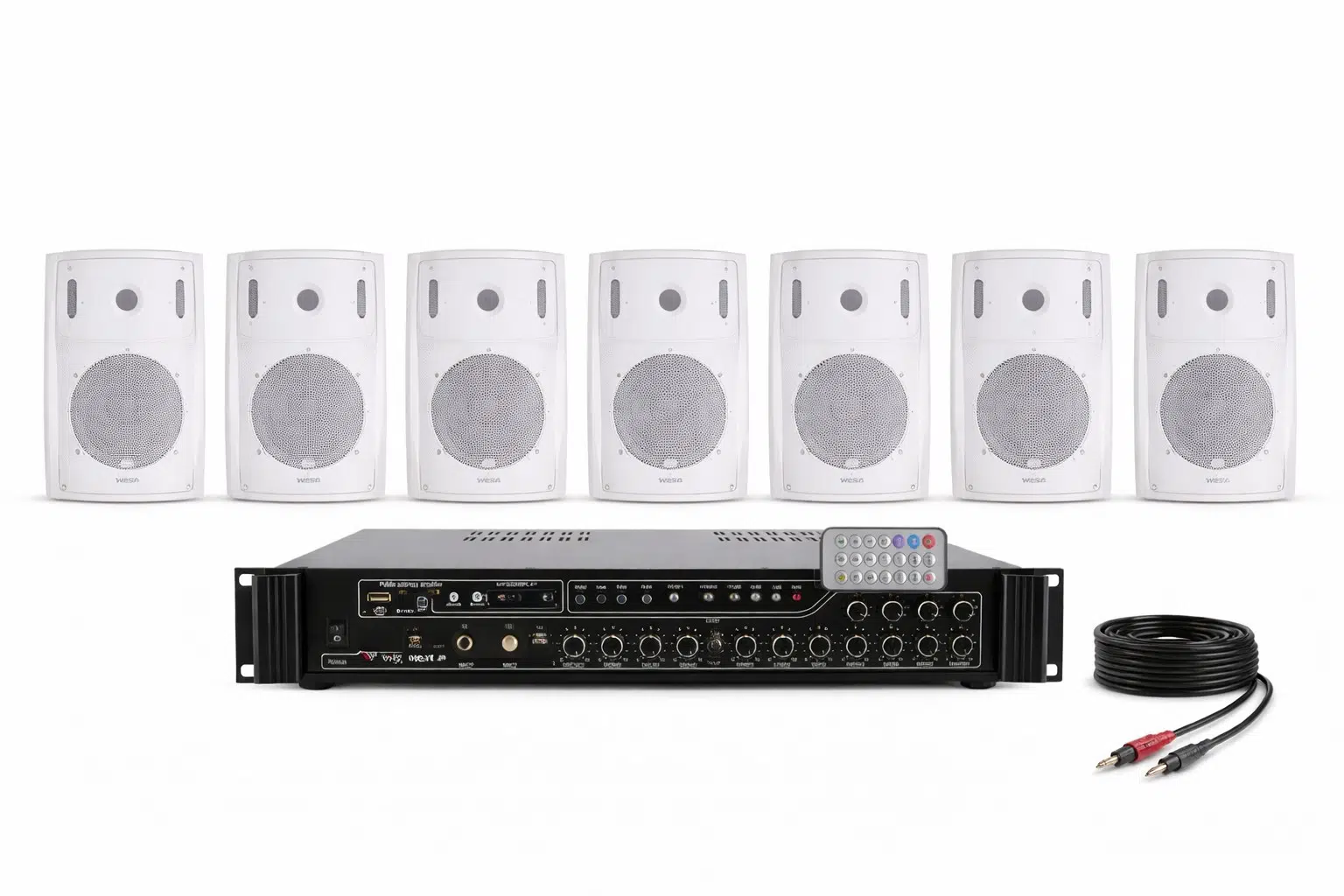 Ten, 7 Hoparlörlü Anfi Ses Sistemi | Mağaza, Cafe ve Restoran, Cami İçin XLarge Paket Beyaz