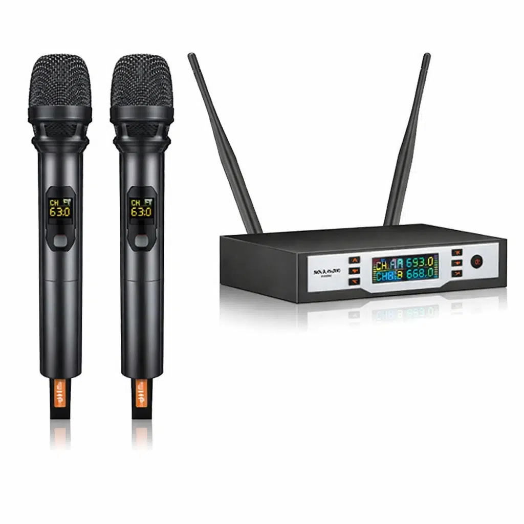 Ten, Profesyonel UHF Kablosuz Mikrofon Seti Çift El Mikrofonlu 2x100 Kanal IR Tarama LCD Ekranlı Sahne Mikrofonu 630-660 MHz